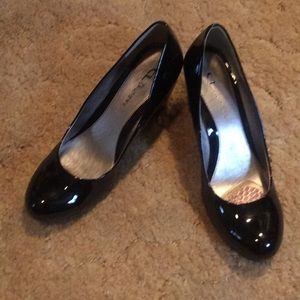 Black patent leather high heel wedges